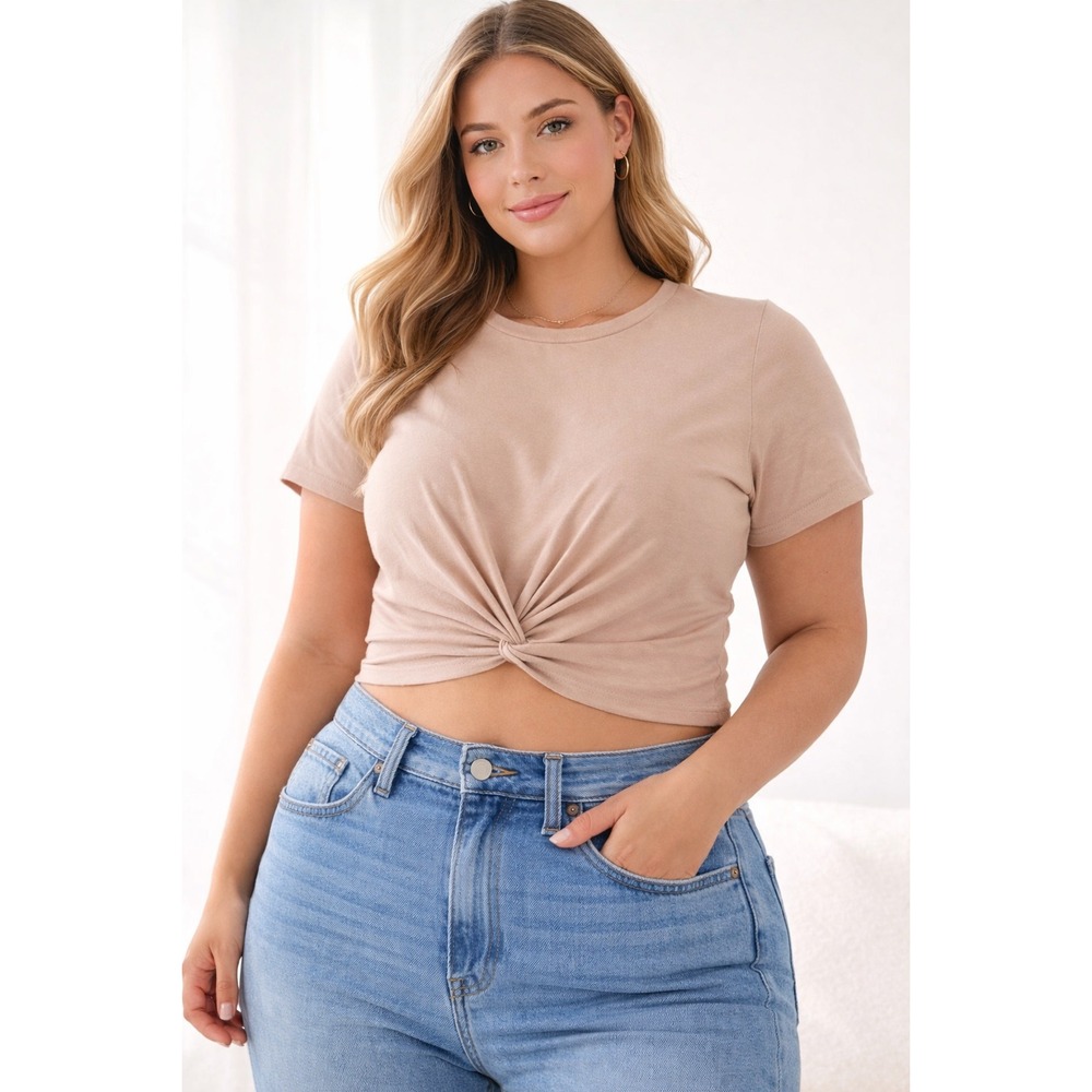 Women's Beige Twist Knot Crop Top XL Soft Girl Neutral Stretch Tee Festival